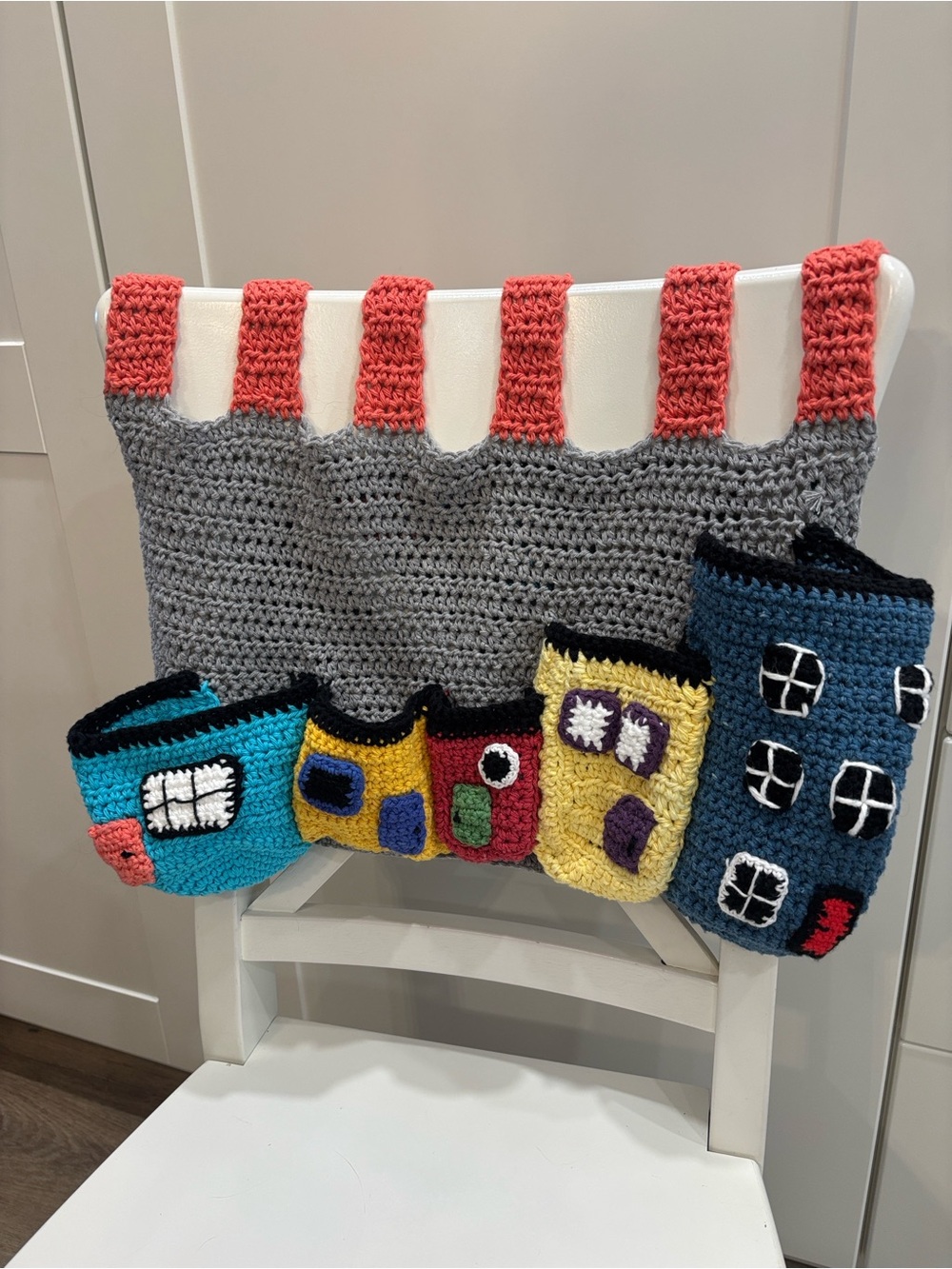 Handmade Crocheted Town Accent Panel with Coral Tabs